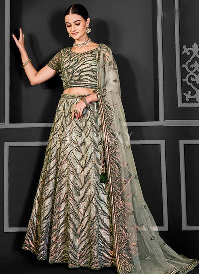 Green Sequins Embroidery Bridal Lehenga Choli