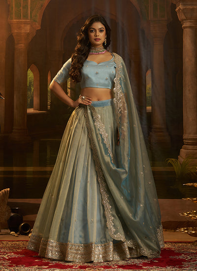 Mist Blue Traditional Embroidery Wedding Lehenga Choli