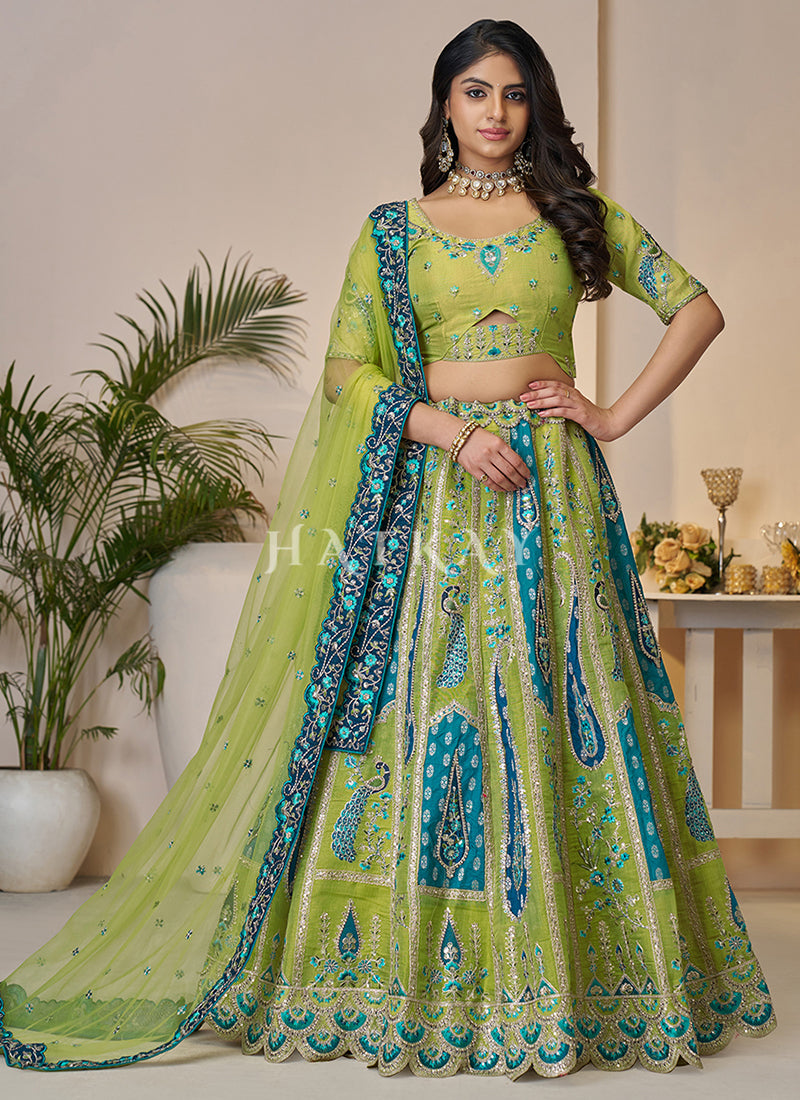 Lime And Teal Traditional Embroidery Bridal Lehenga Choli