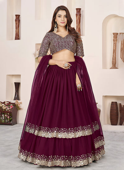Deep Wine Sequins Embroidered Georgette Lehenga Choli