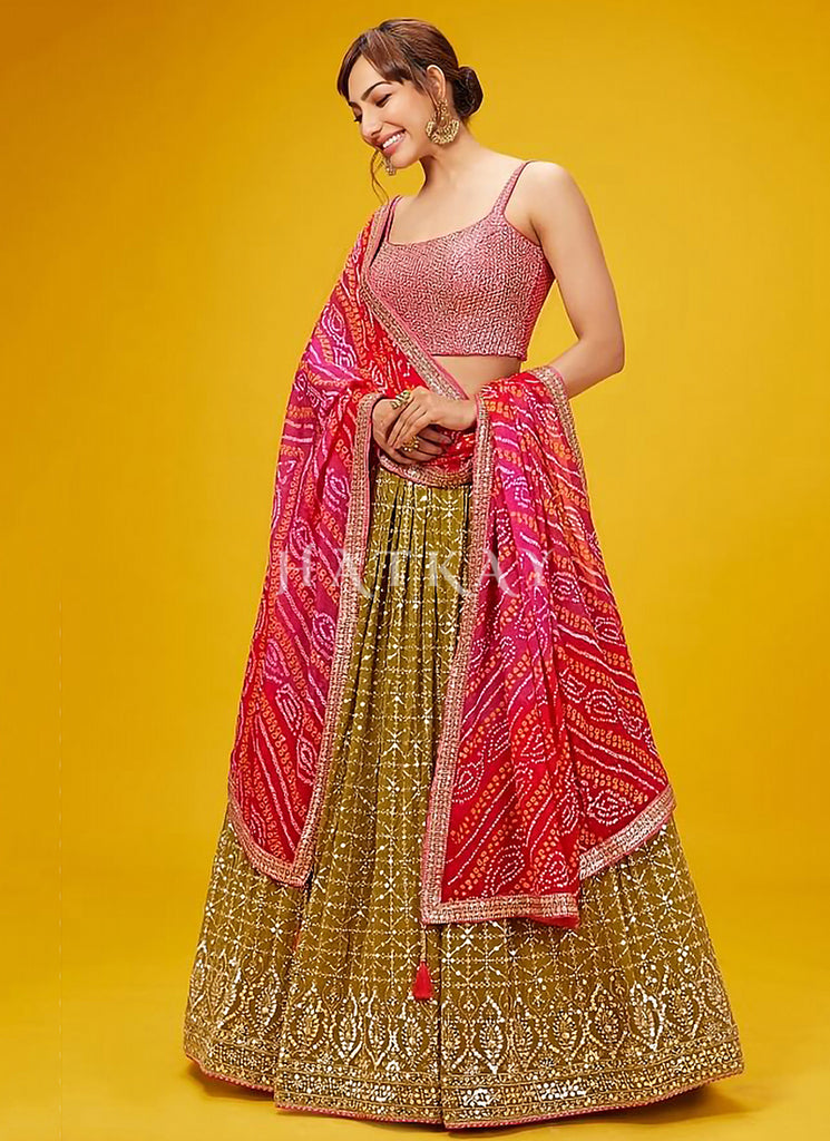 Olive And Pink Embroidered Lehenga Choli