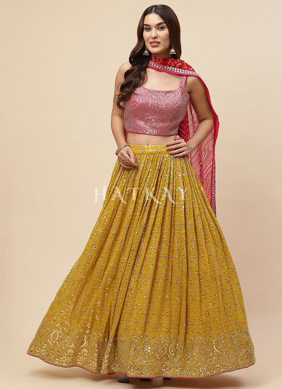 Yellow And Pink Embroidered Lehenga Choli