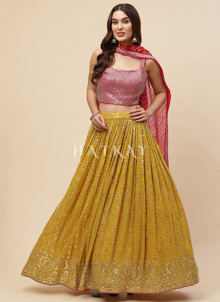 Yellow And Pink Embroidered Lehenga Choli
