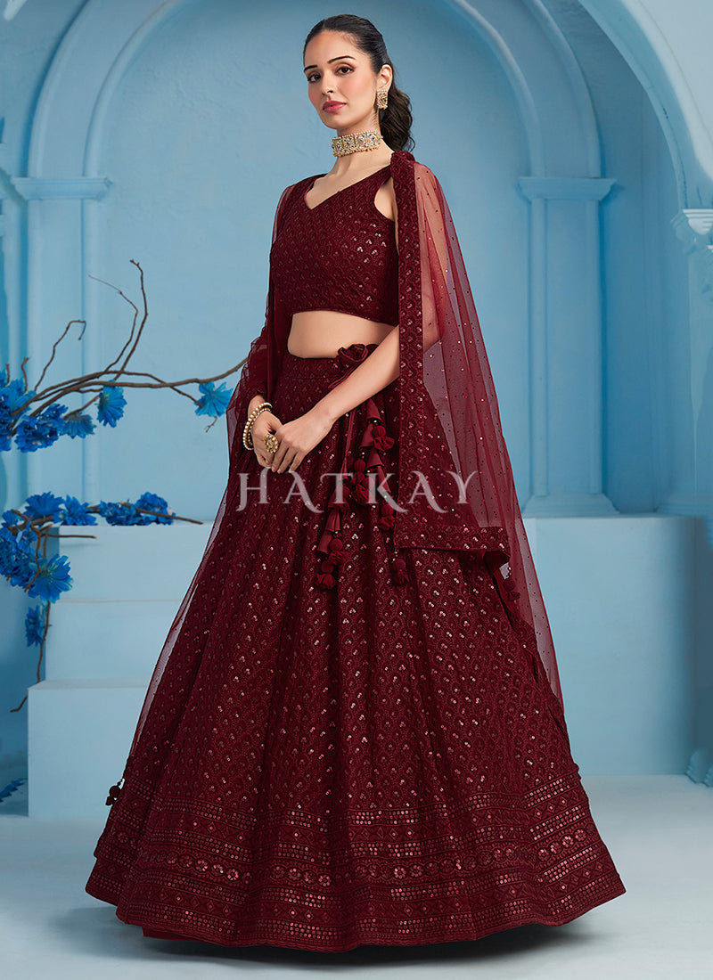 Maroon Embroidered Party Wear Lehenga Choli