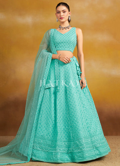 Teal Blue Embroidered Party Wear Lehenga Choli