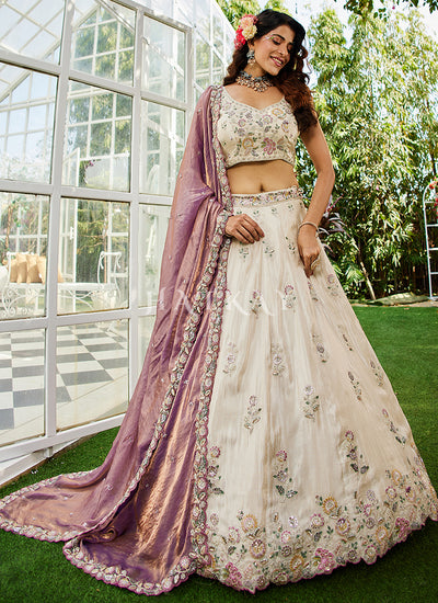 Off White And Purple Embroidery Bridal Lehenga Choli
