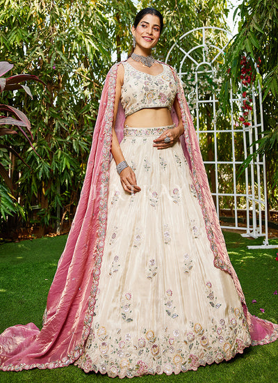 Off White And Pink Embroidery Bridal Lehenga Choli