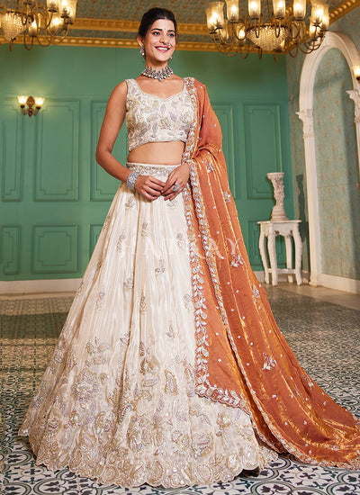 Off White And Orange Embroidered Bridal Lehenga Choli