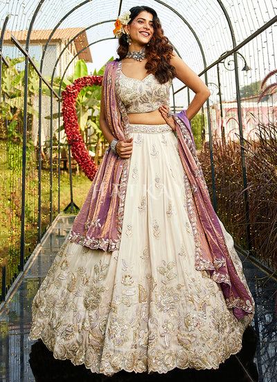 Off White And Purple Embroidered Bridal Lehenga Choli