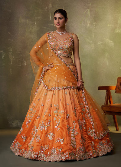 Orange Ombré Traditional Embroidery Bridal Lehenga Choli