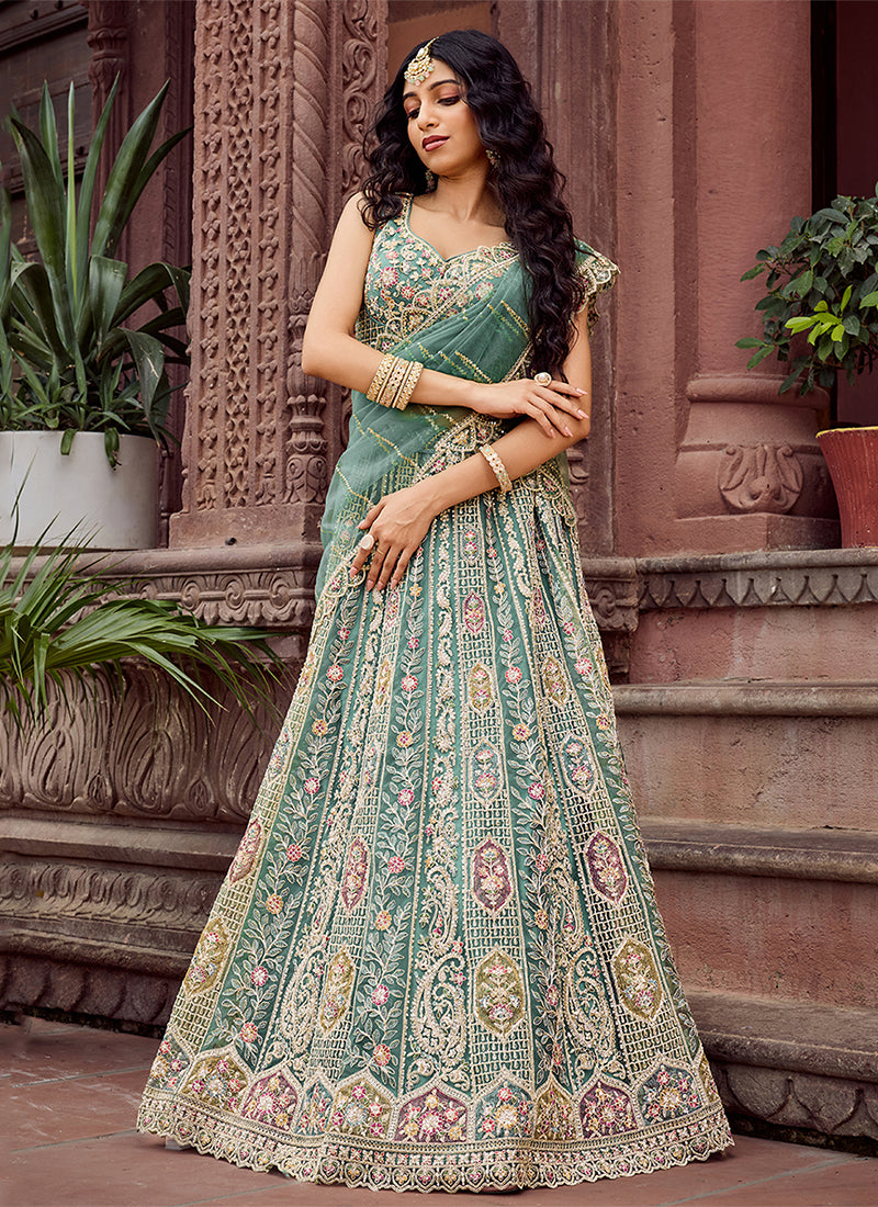 Buy Sea Green Multi Embroidery Wedding Lehenga Choli 2 Online | Hatkay Buy Sea Green Multi Embroidery Wedding Lehenga Choli 2 Online | Hatkay