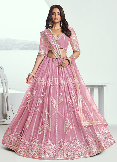 Pink Embroidered Party Wear Lehenga Choli