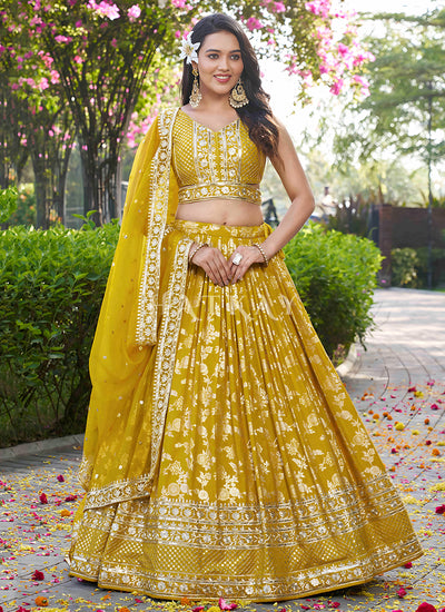 Yellow Embroidered Party Wear Lehenga Choli