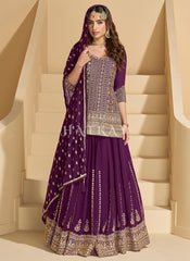 Wine Embroidered Lehenga Kurti