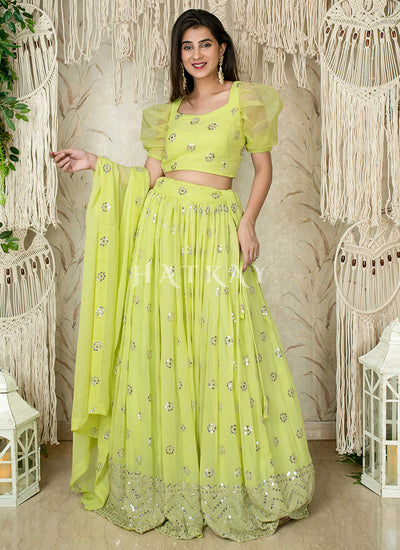 Lime Green Embroidered Party Wear Lehenga Choli