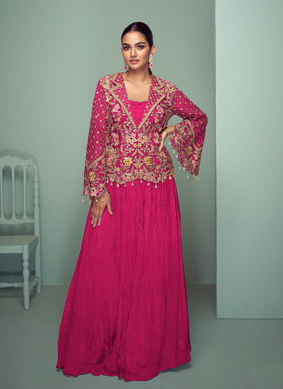 Magenta Multi Embroidered Jacket Style Lehenga Suit
