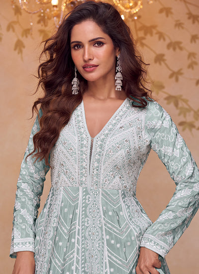 Light Blue Lucknowi Embroidery Anarkali Gown