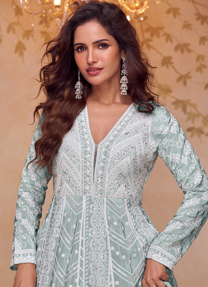 Light Blue Lucknowi Embroidery Anarkali Gown