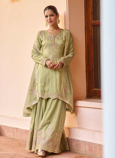 Light Green Embroidery Silk Gharara Suit
