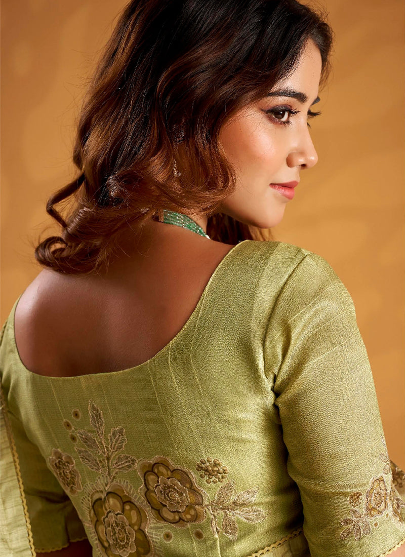 Light Green Embroidered Traditional Silk Saree