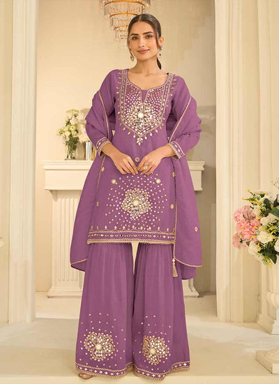 Light Purple Mirror Embroidered Gharara Style Suit