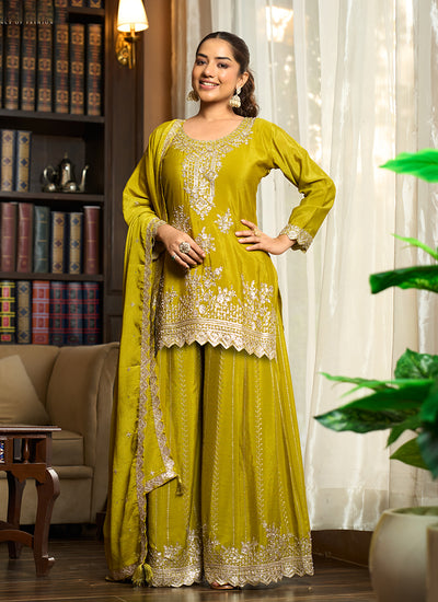 Yellow Embroidered Chinnon Silk Palazzo Suit