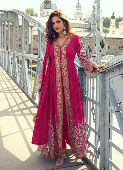 Magenta Embroidered Slit Style Anarkali Pant Suit