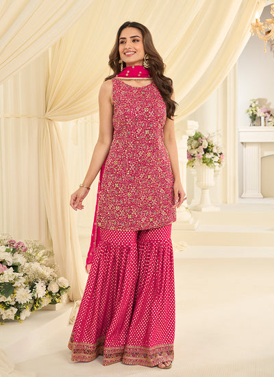 Magenta Traditional Embroidered Gharara Style Suit