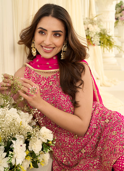 Magenta Traditional Embroidered Gharara Style Suit