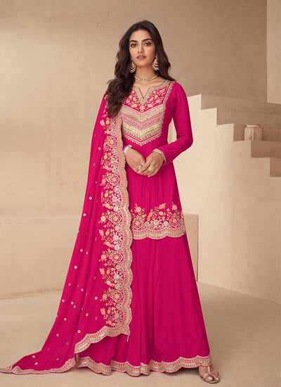 Magenta Multi Embroidered Silk Palazzo Suit