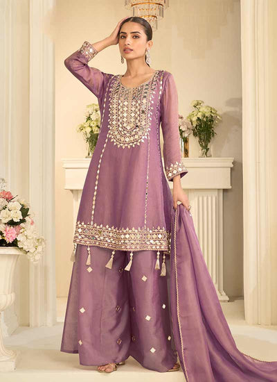 Mauve Purple Mirror Embroidery Sharara Style Suit