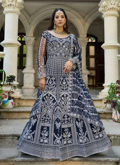 Navy Blue Embroidered Net Anarkali Gown