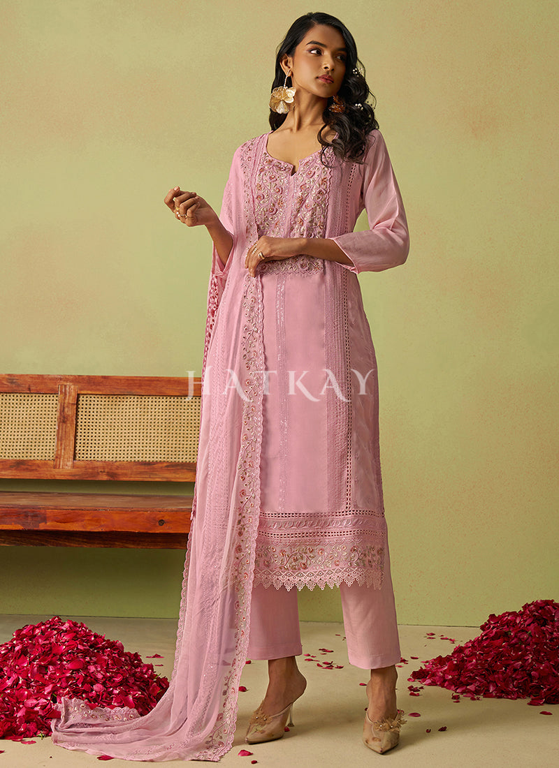 Light Pink Embroidered Pakistani Pant Style Suit