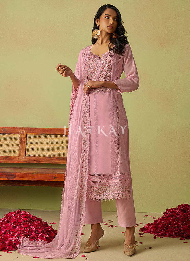 Light Pink Embroidered Pakistani Pant Style Suit