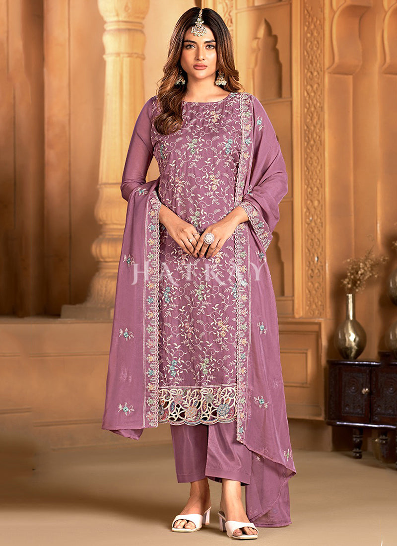 Lavender Floral Embroidered Pakistani Suit