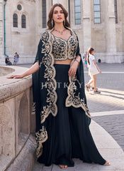 Navy Blue Embroidered Cape Style Designer Palazzo Suit