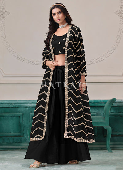 Black Embroidered Jacket Style Palazzo Suit