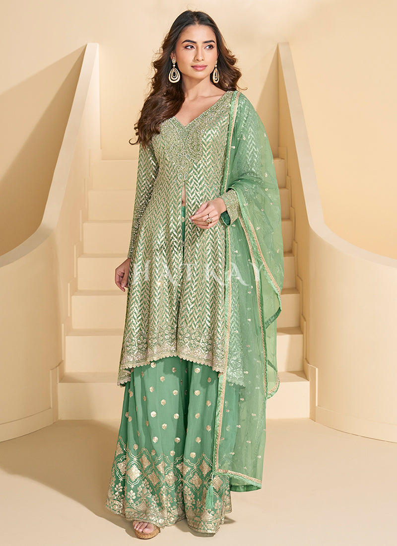 Green Embroidered Georgette Palazzo Suit