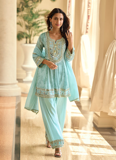 Aqua Blue Mirror Work Pant Style Palazzo Suit
