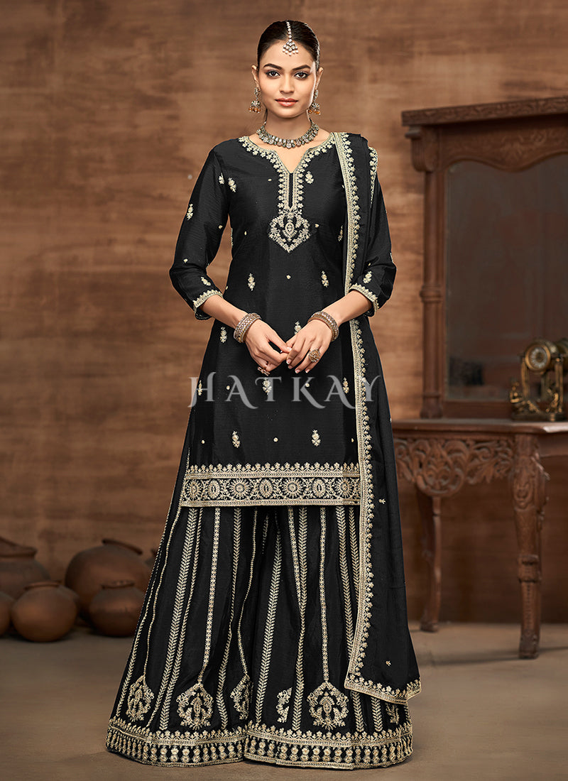 Black Embroidery Palazzo Style Suit