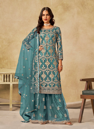 Blue Embroidery Traditional Palazzo Suit