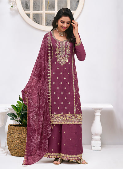 Wine Embroidery Festive Palazzo Suit