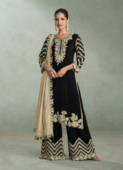 Black and Gold Embroidered Chinnon Silk Palazzo Suit