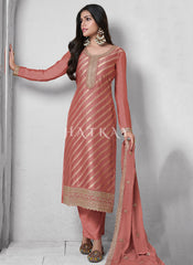 Peach Embroidered Palazzo Style Suit