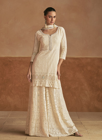 Off White Chikankari Style Palazzo Suit