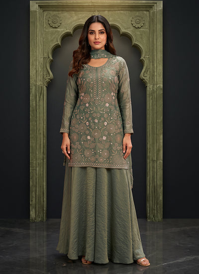 Teal Green Handwork Embroidery Palazzo Suit