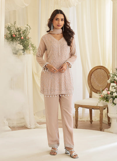 Soft Peach Handwork Embroidery Pant Style Suit