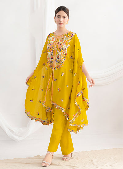 Yellow Floral Embroidery Kaftan Style Pant Suit