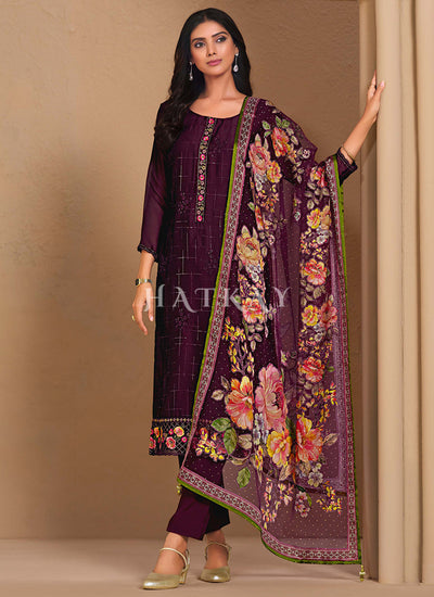Deep Wine Floral Embroidery Salwar Kameez