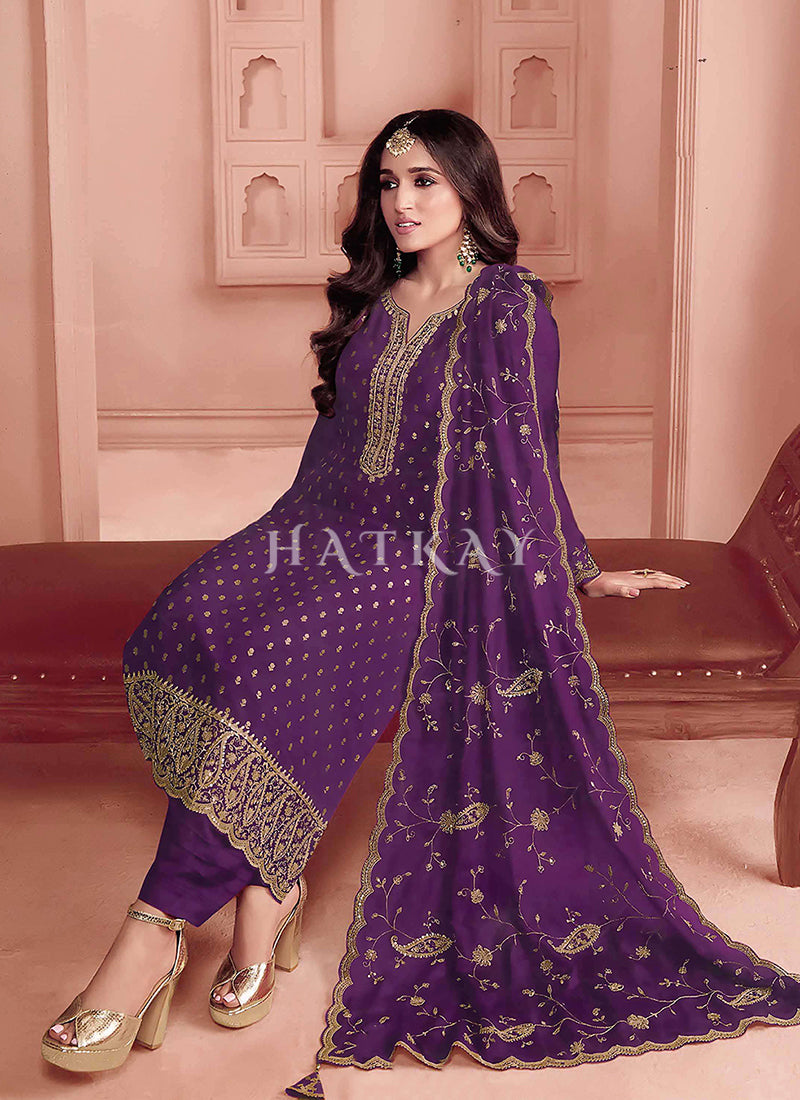 Purple Embroidery Pant Style Suit